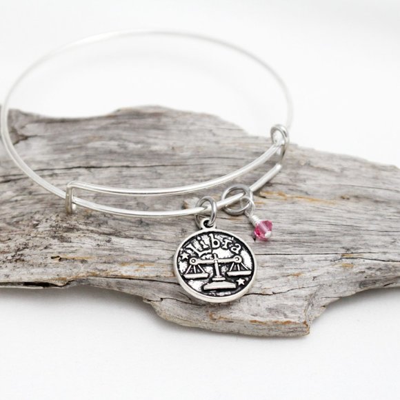 October Libra Adjustable Charm Bangle - Handmade Zodiac Bracelet - Picture 1 of 13
